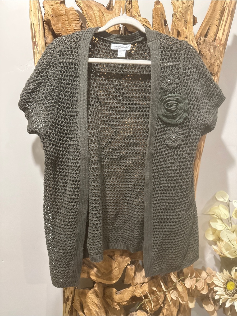 Christopher & Banks Olive Green Crochet Short-Sleeve Open Cardigan